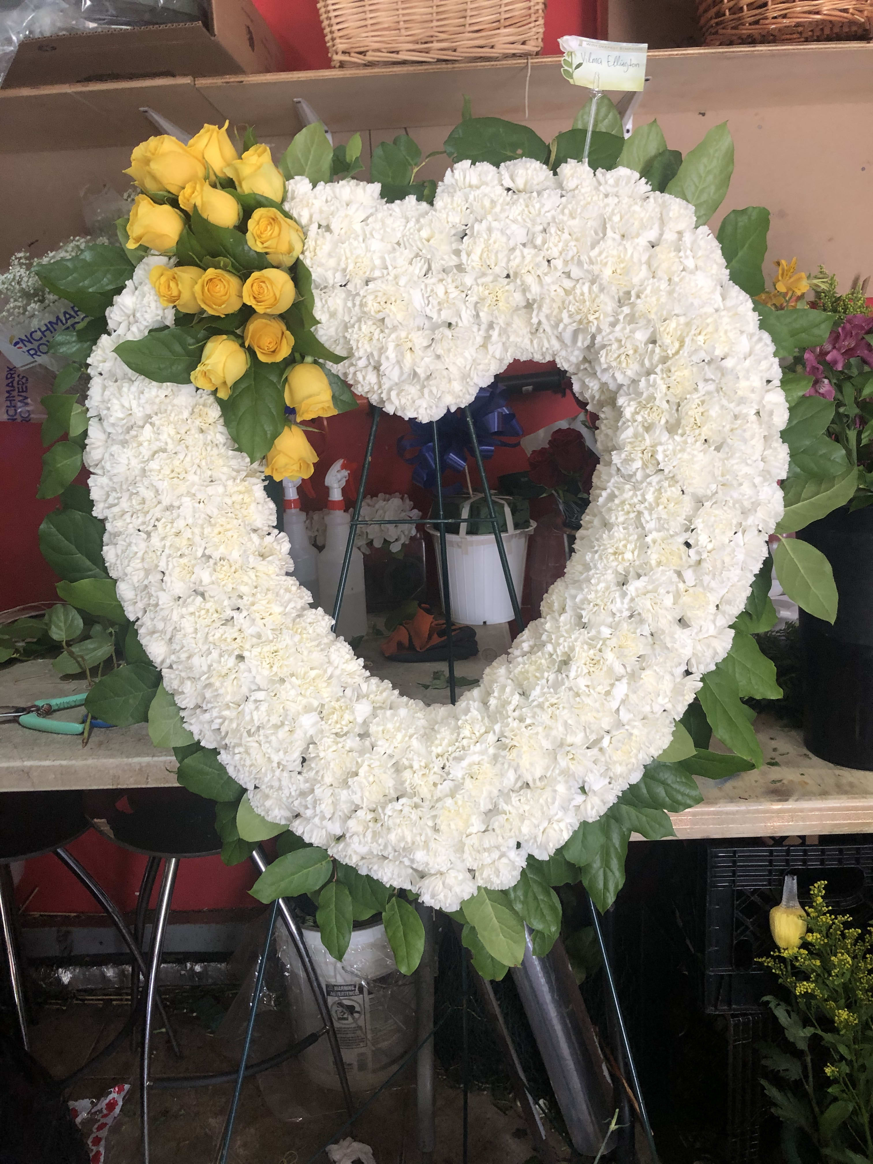 white carnation yellow roses onpen heart - white carnations yellow roses open heart spray