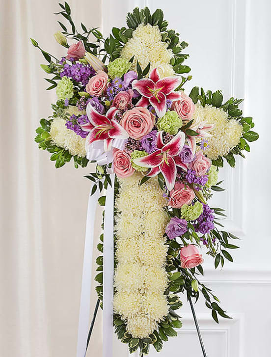 Eternity Cross - White, Lavender, and Pink. Standard size 30&quot; tall form used. Deluxe size 36&quot; tall form used.