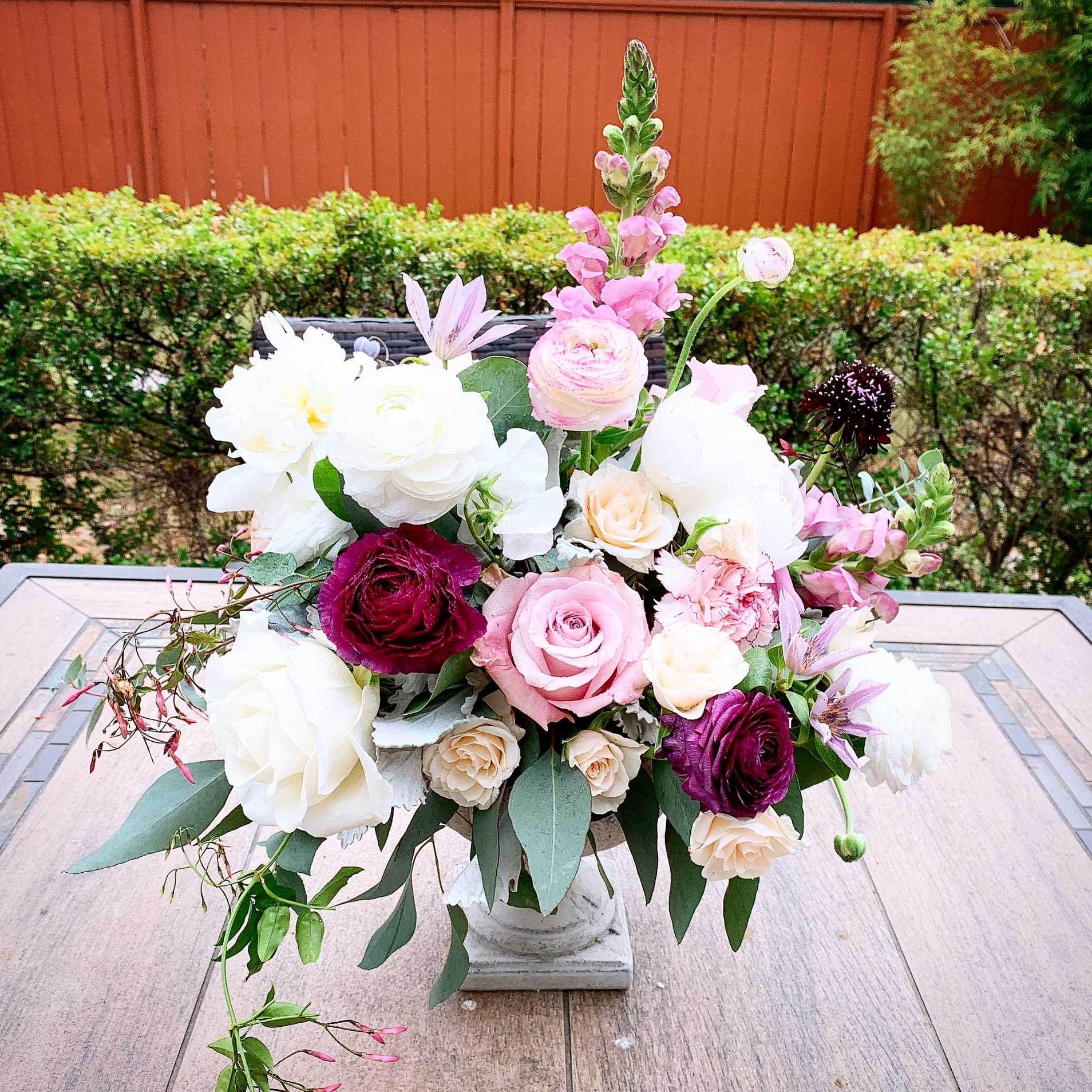 Roses, Ranunculus, Clematis, Snapdragons, Jasmine, Scabiosa, Carnations Roses, Ranunculus, Clematis, Snapdragons, Jasmine, Scabiosa, Carnations - Lavender and Plum