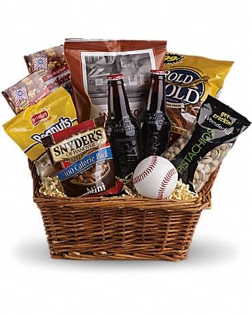 Take Me Out to the Ballgame Basket - Dads grads boys and baseball lovers of all ages will think you&#039;re an MVP when you send this winning basket. Full of ballpark favorites and more perfect for a picnic or a pick-up game in the park. You&#039;ll score a home run with this yummy basket that includes a real baseball of course.