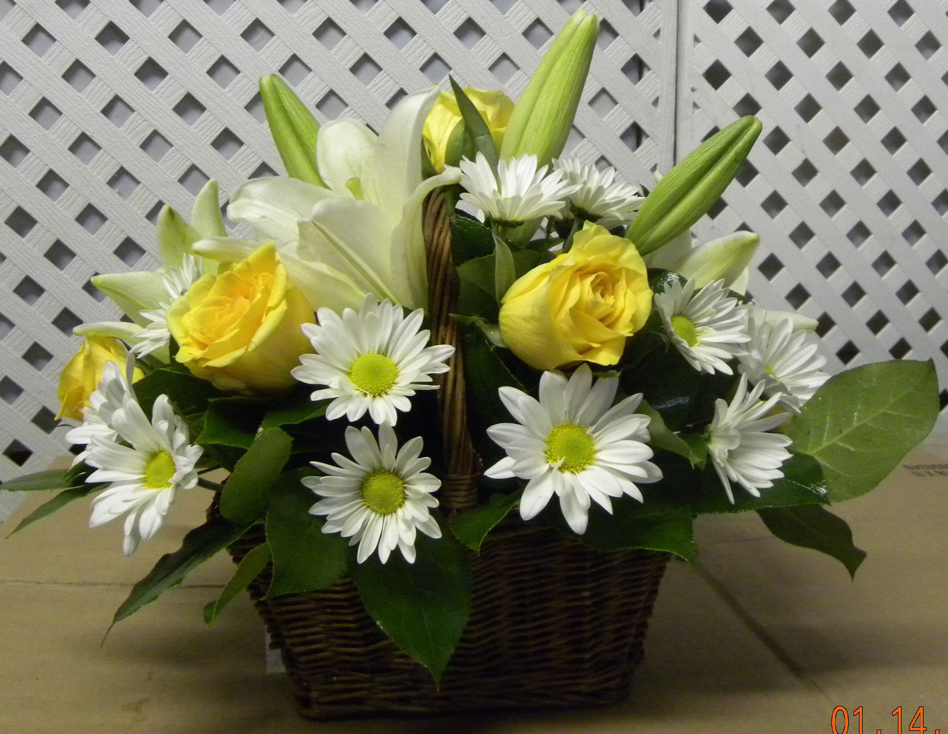 Brighten Your Day - White Daisies and Lilies, with yellows roses and greenery in designer basket 