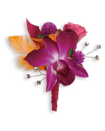 Dance 'til Dawn Boutonniere - An electric arrangement of purple orchids hot pink roses and orange feathers.