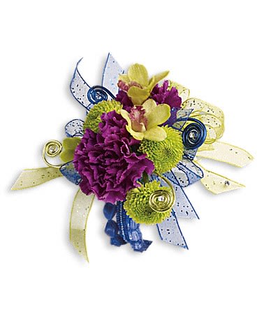 Evening Electric Corsage Evening Electric Corsage - Electrify your look! Green orchids and chrysanthemums pop against purple carnations.