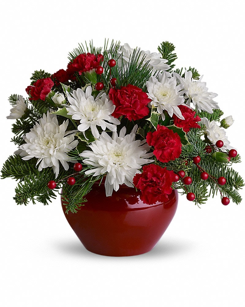 Christmas Treasure Christmas Treasure - So bright and festive this gem of a holiday arrangement is sure to be treasured. With all of the makings for a holiday celebration a unique cranberry-colored jardinière vase holds the perfect mix of carnations and berries white chrysanthemums and winter greens including holly. Now how's that for jolly?