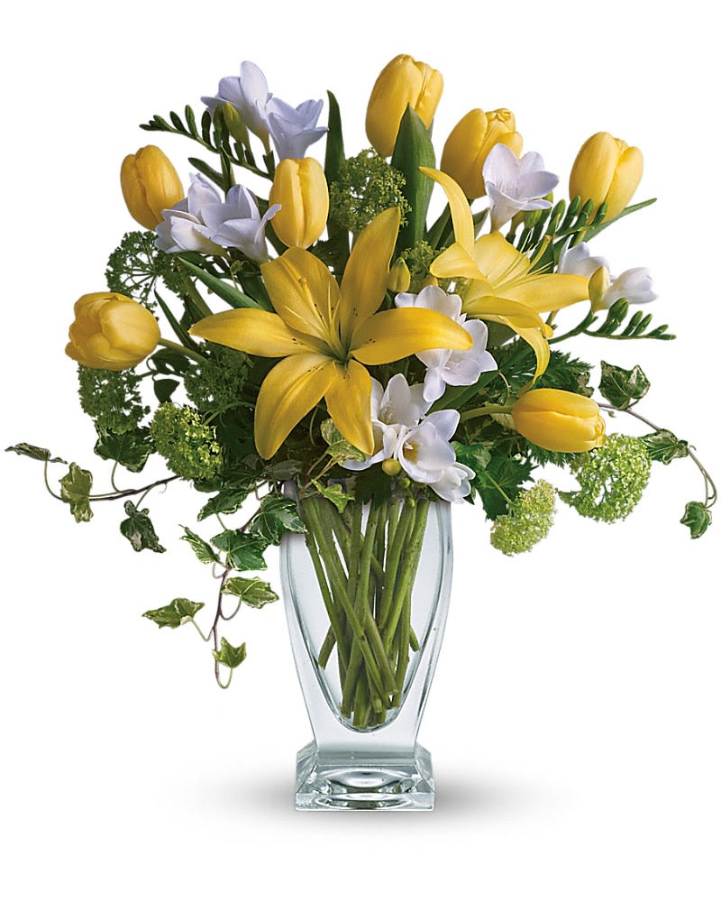 Teleflora's Spring Rhapsody - You&#039;re bound to get rave reviews when you send this glorious spring bouquet. Radiant flowers are delivered in an exclusive Couture Vase. Bright yellow tulips and asiatic lilies green viburnum white freesia and ivy are beautifully arranged in a lovely vase. Stylish and spectacular.