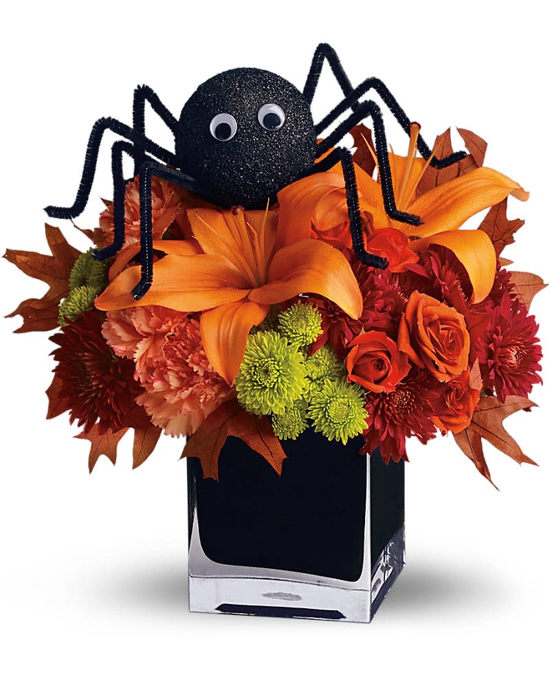 Teleflora's Spooky Sweet - Perhaps this is the perfect WEB bouquet. Perched atop a beautiful array of fall flowers the only place this sweet spider will crawl is right into someone&#039;s heart. Orange spray roses asiatic lilies and carnations green button spray chrysanthemums red spray chrysanthemums oak leaves and the not-so-itsy-bitsy-spider are arranged and delivered in a modern black cube. Spooktacular!