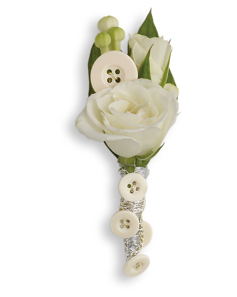 All Buttoned Up Boutonniere - Whimsical buttons and wondrous white flowers make this a singularly stylish choice. White bouvardia and white spray roses with button accents.