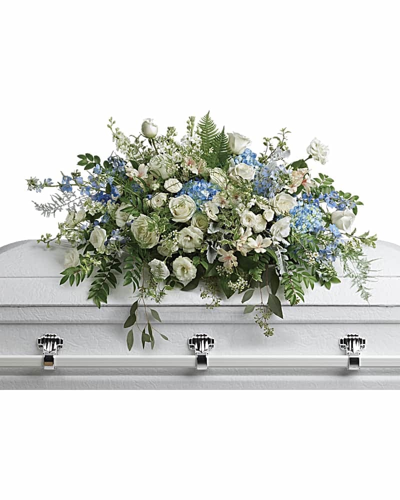 Tender Remembrance Casket Spray - As soft and delicate as a tender remembrance this stunning spray of sky blue hydrangea and pure white roses brings a fresh natural beauty to the casket. This stunning spray includes blue hydrangea white roses white spray roses white alstroemeria white lisianthus blue delphinium white larkspur white stock white waxflower dusty miller huckleberry asparagus plumosus pitta negra lily grass dagger fern and lemon leaf.