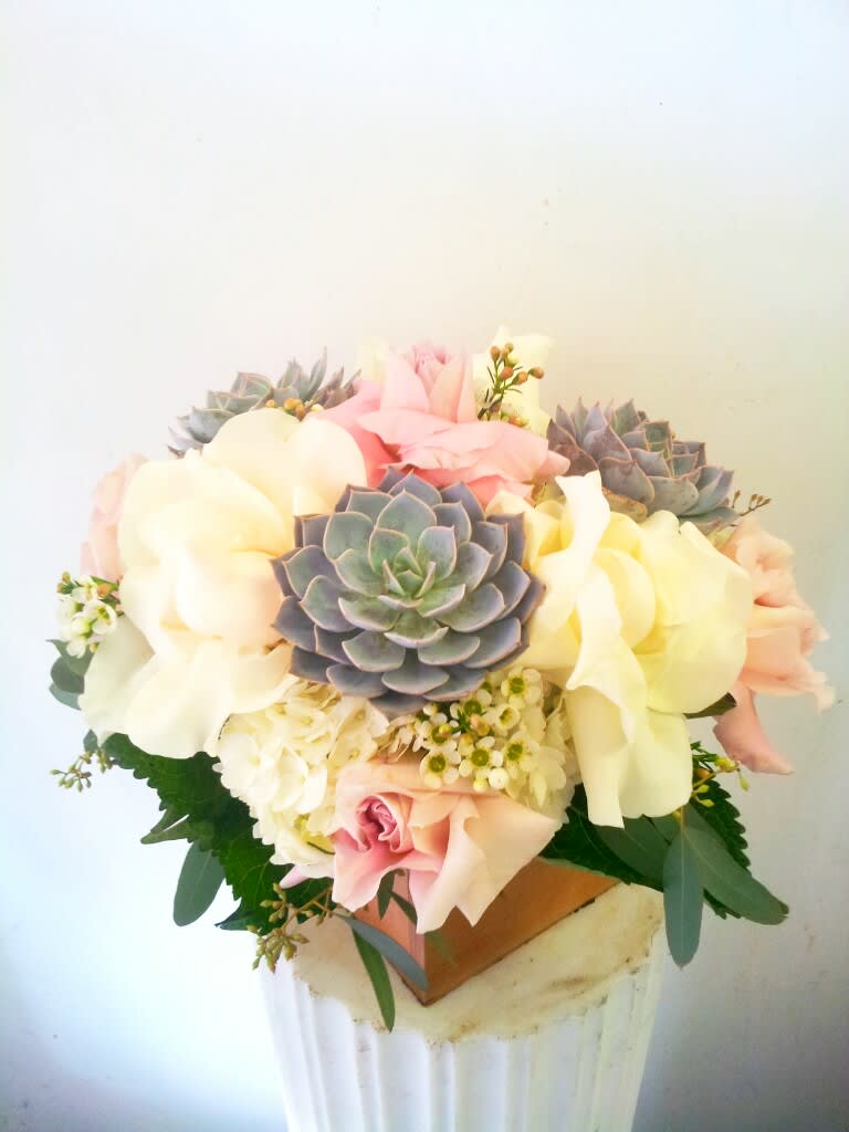 Rustic Design with Succulents - 6&quot; x 6&quot; box design with roses, hydrangea, and succulents