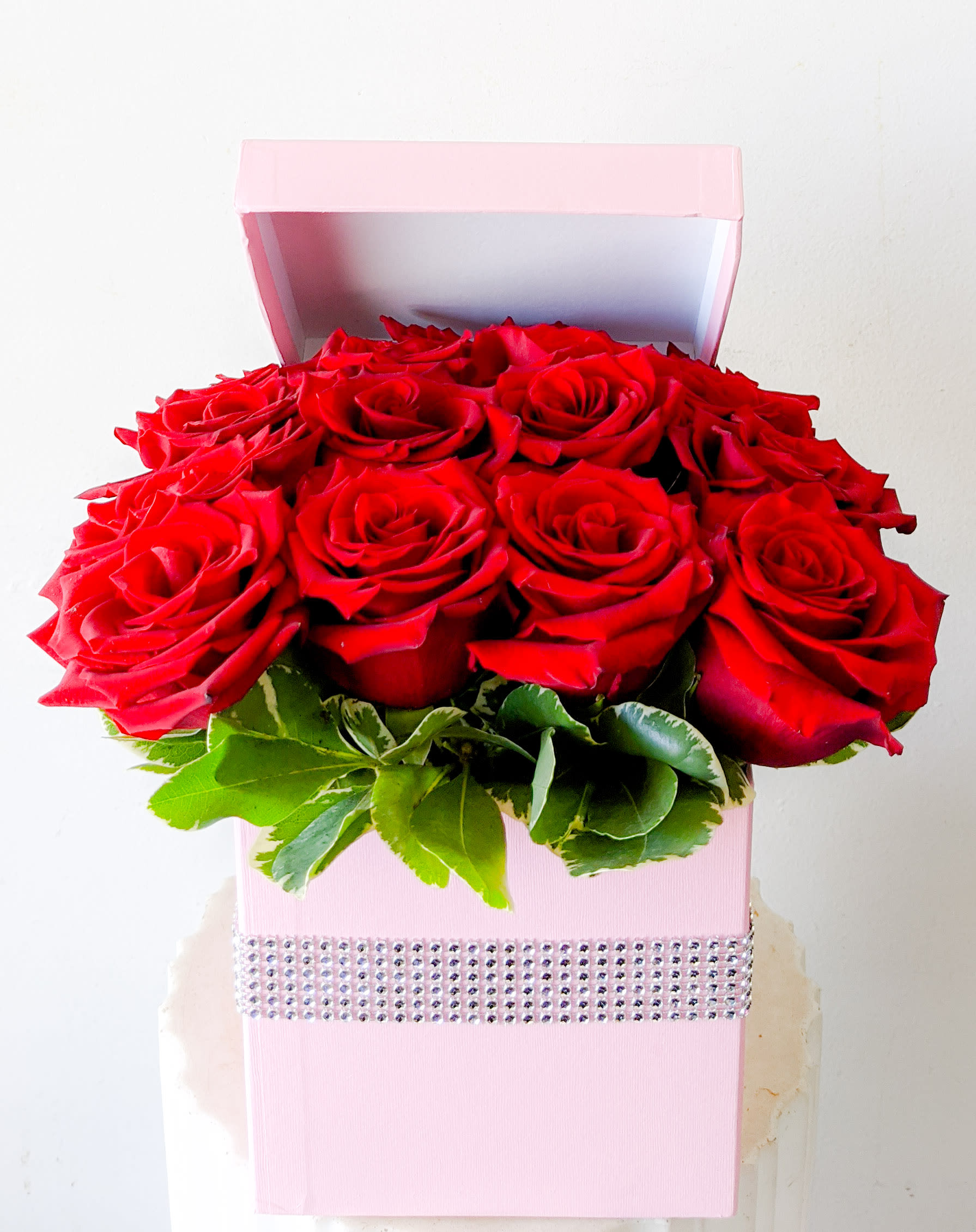 Box of Red Roses - 16 red roses in an elegant square gift box with jewel cuff accent.