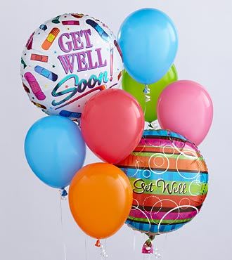 Get Well Balloon bunch Get Well Balloon bunch - When you want your gift to make a big impression, give them this fun Balloon Bouquet. The bouquet arrives with 2 mylar balloons surrounded by 6 latex balloons and tied together with a ribbon. The get well mylar balloon designs may vary according to availability.