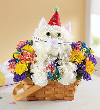 Purrfect Party Cat™ - EXCLUSIVE Every birthday party needs a party animal…especially one as cute as ours! Our truly original kitty is handcrafted from crisp white carnations and surrounded by a mix of colorful blooms, creating a unique 3D design. Arriving inside a charming handled basket and ready to celebrate—accented with a party hat and colorful curling ribbon—this whimsical whiskered pal is the “purr-fect” pick for wishing someone special a day full of fun…no matter what age they’re turning!