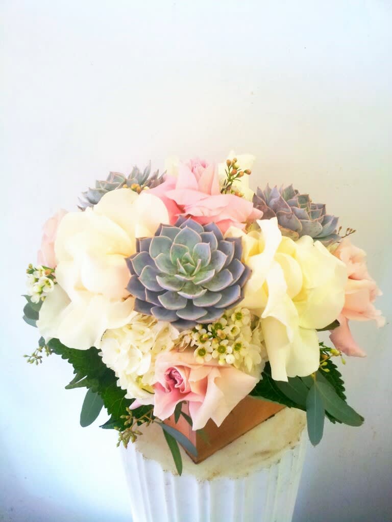 Rustic Design with Succulents - 6&quot; x 6&quot; wood box filled with succulents, roses, and hydrangeas.