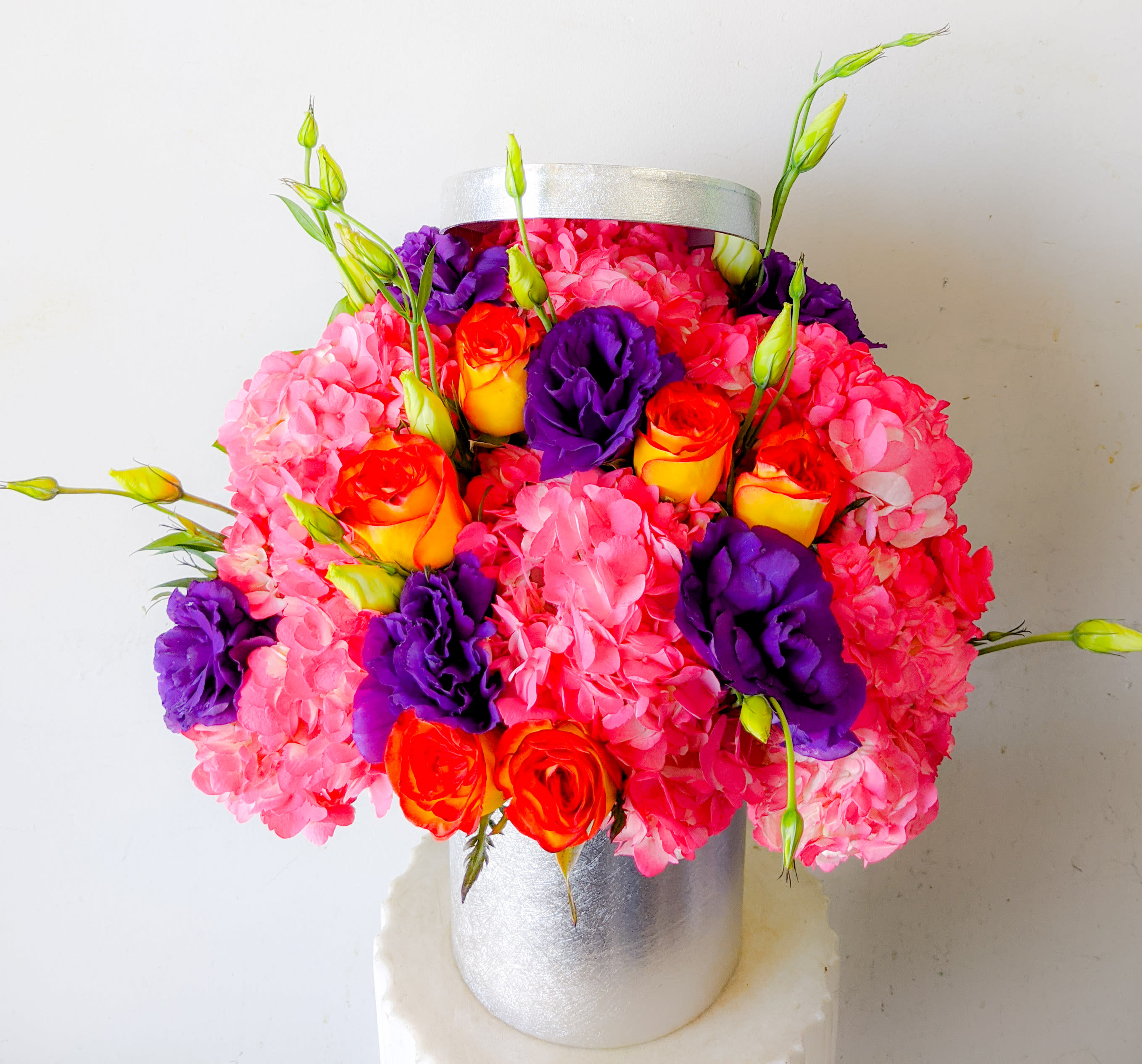 Vibrant Gift Box - Colorful design in an elegant silver cylinder gift box.