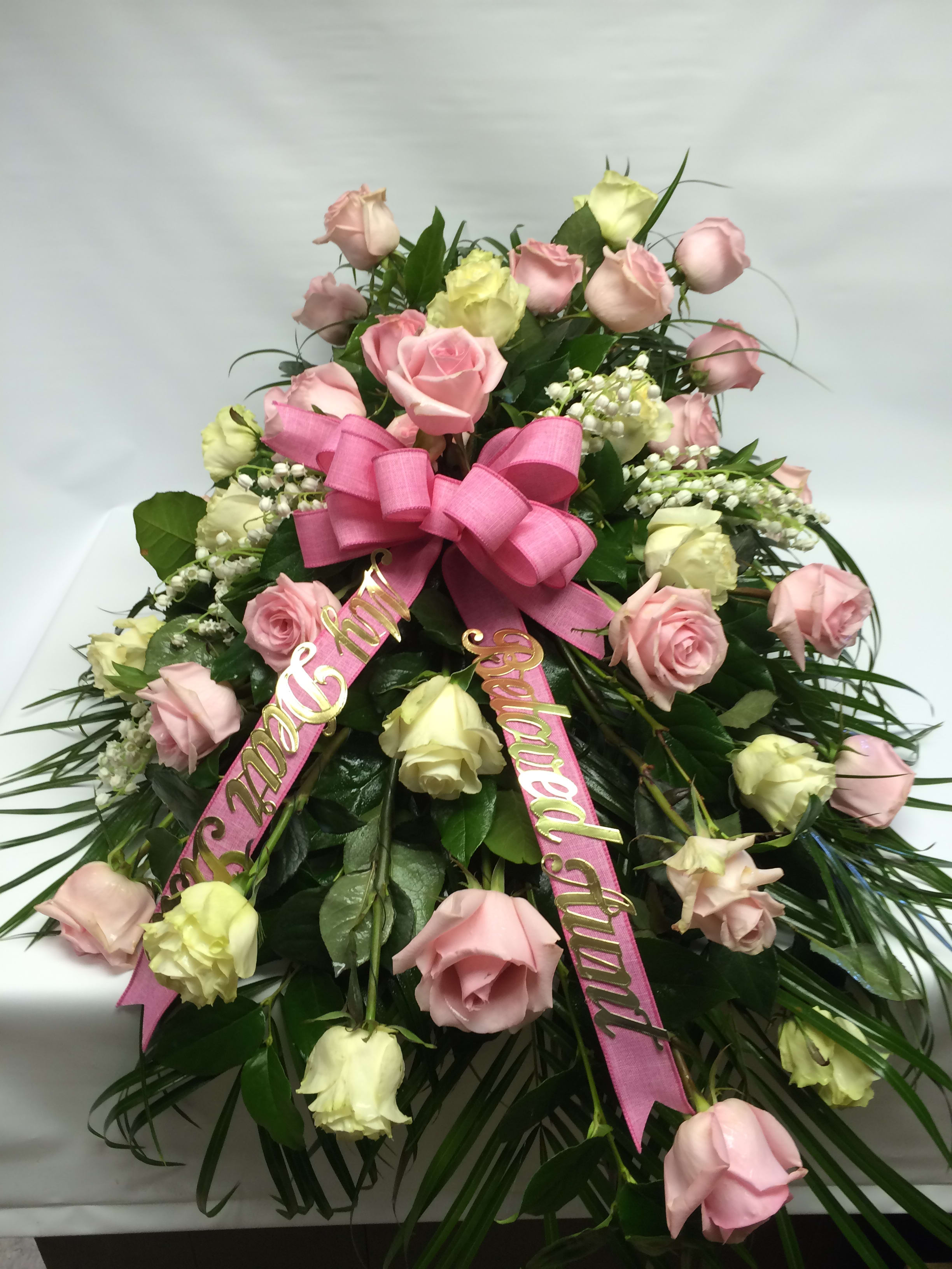 Pink And White Casket Spray In Finleyville Pa Finleyville Flower Shop