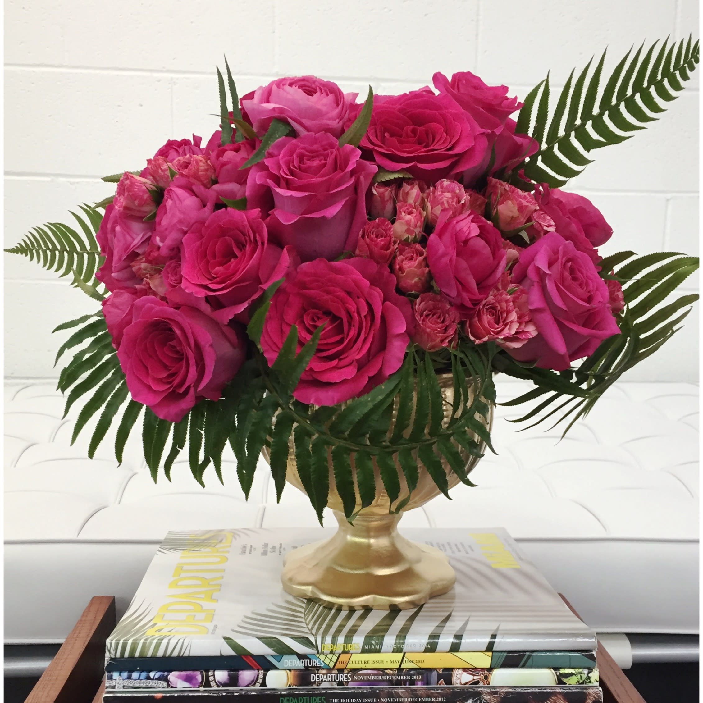 Perfectly Pink! - The Perfect Luxuriously Pink Gift for Everyone!  Filled with Shades of Pink...Delicate Pink Ranunculus, Stunning Roses, Sweet Garden Spray Roses, and wrapped in Rich Green Fern to give it that Fresh from the Garden, Midsummer Night's Dream Feeling.  Posed in a Gold Regal Pedestal.  