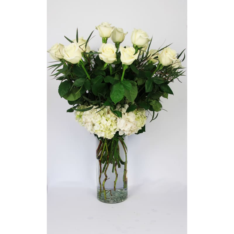Playa Blanca Roses - Our most beautiful white rose arranged in a tall glass vase. Long stem Playa Blanca roses are arranged with hydrangeas and other greenery for a romantic yet impressive presentation. Product ID: 2000 