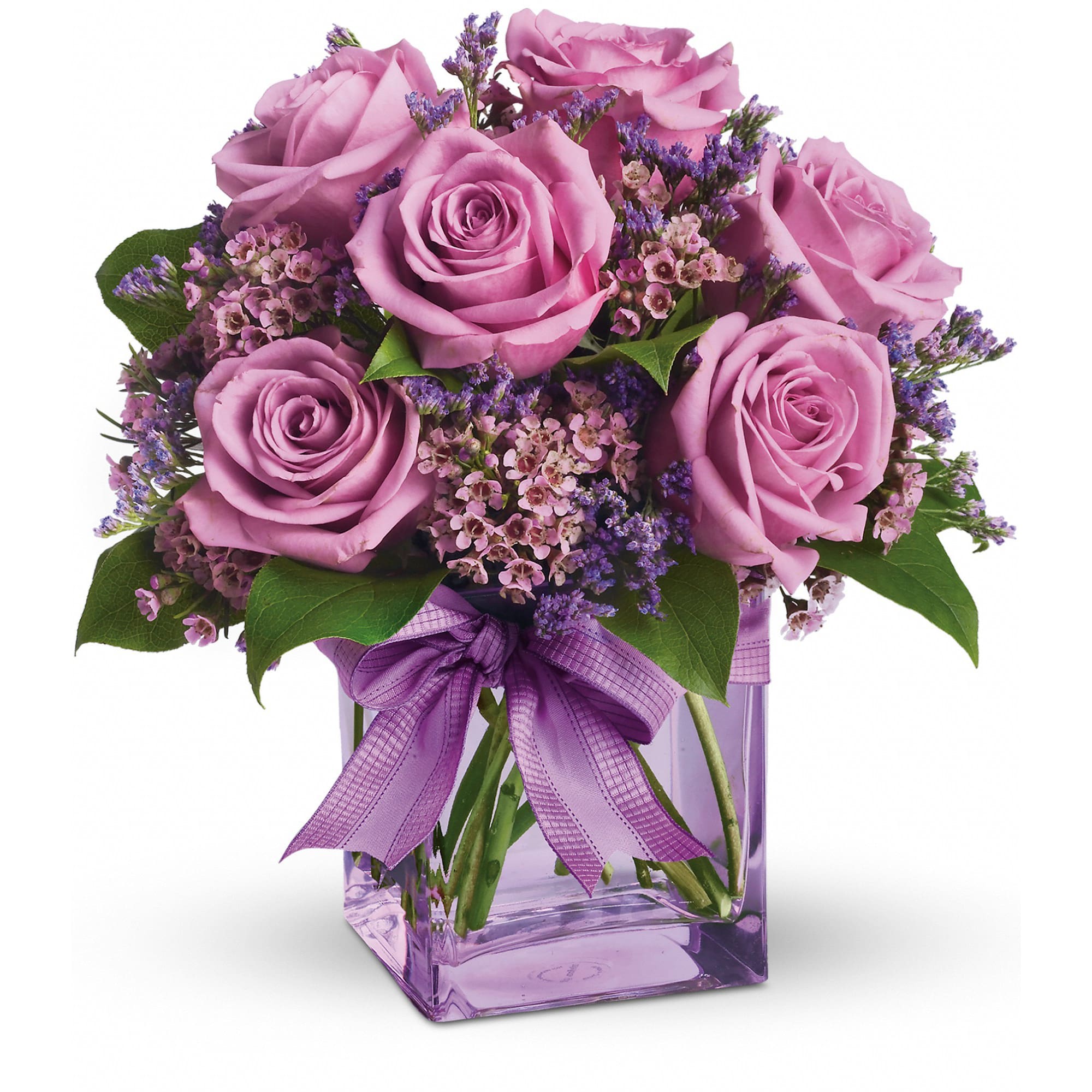 Teleflora's Morning Melody - Shades of purple are in perfect harmony in this profoundly pretty arrangement. A lovely mix of classic and modern, ribbons and roses, it's sure to make someone's day!  Lavender roses and waxflower, purple limonium and greens are hand-delivered in a lavender cube that's all wrapped up with a vibrant purple taffeta ribbon.  Approximately 10 1/2&quot; W x 11&quot; H  Orientation: One-Sided  As Shown : T68-3A Deluxe : T68-3B Premium : T68-3C