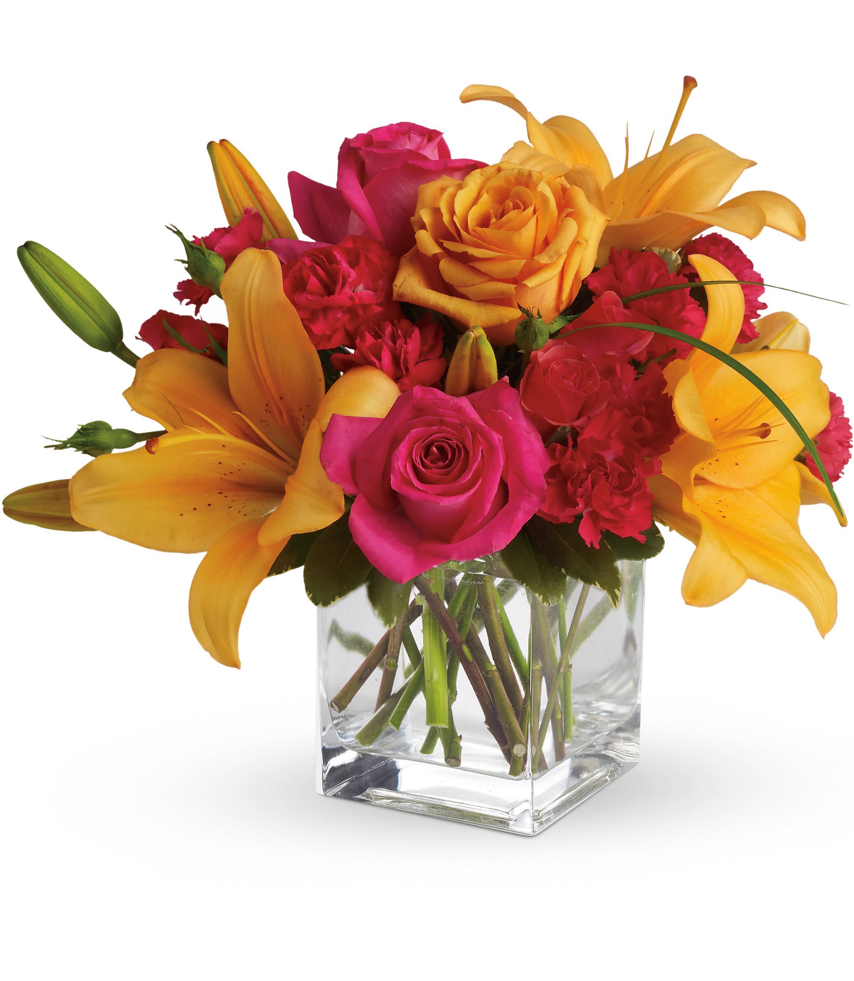 Teleflora's Uniquely Chic - Uniquely beautiful and uniquely bright, this is a bona fide bombshell of a bouquet. Brilliant blossoms are perfectly arranged in an exclusive cube vase.  Orange roses, hot pink roses, spray roses and carnations are joined by glowing orange asiatic lilies and bear grass in a delightful vase. This unique arrangement is delivered in a cube but it's definitely not for squares.  Approximately 13&quot; W x 11 1/2&quot; H  Orientation: All-Around  As Shown : T47-3A Deluxe : T47-3B Premium : T47-3C