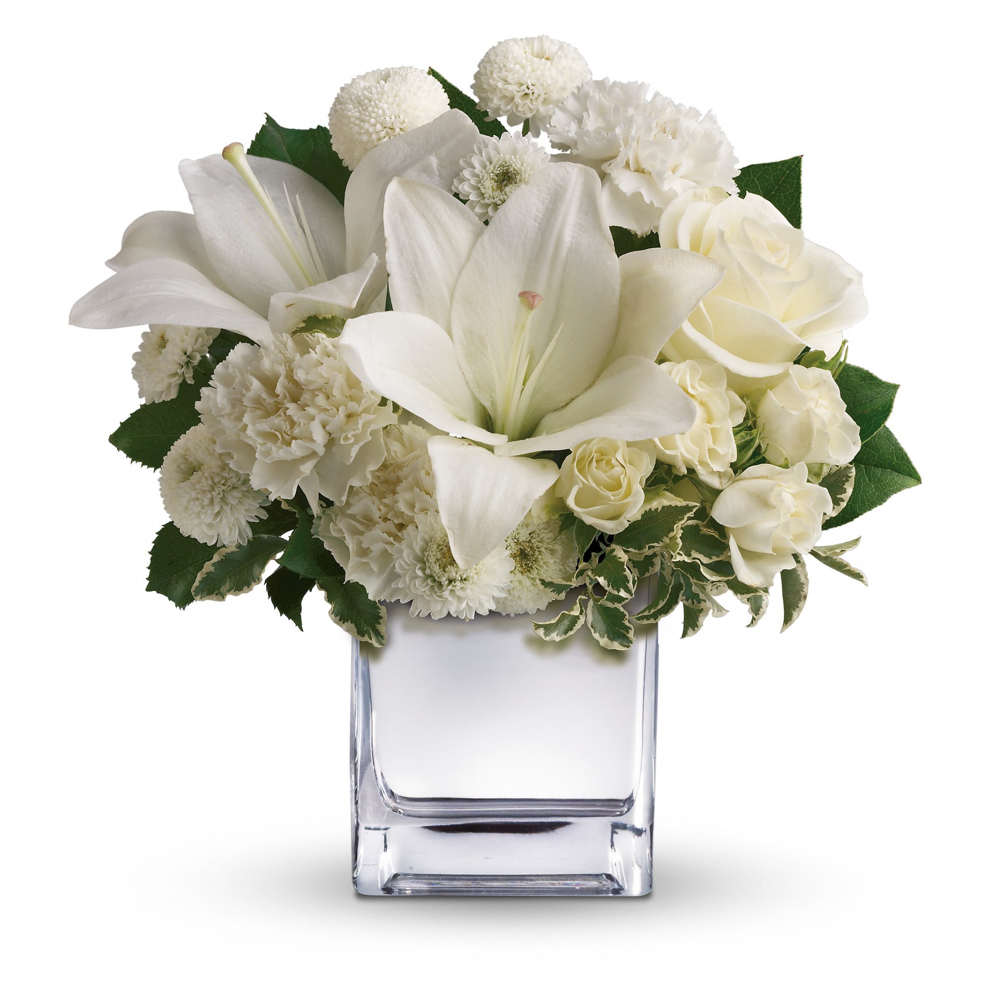 Teleflora's Peace &amp; Joy Bouquet - Surprise a faraway friend with this elegant array of Christmas flowers. White roses, lilies and other favorites are displayed in a chic mirrored silver cube. Simple and affordable, it is a lovely gift that will brighten spirits without breaking your bank.  The elegant holiday bouquet includes white roses, white Asiatic lilies, white carnations and white button spray chrysanthemums accented with assorted greenery.  Approximately 11&quot; W x 11 1/2&quot; H  Orientation: All-Around  As Shown : T408-2A Deluxe : T408-2B Premium : T408-2C