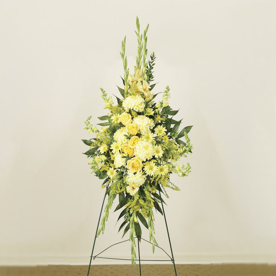 MUMS, GLADS, AND DRAGONS IN MOMENT TO REFLECT - Mums, Glads, Snapdragons and others beautifully arranged with mixed greenery and arrayed as a lovely standing spray 
