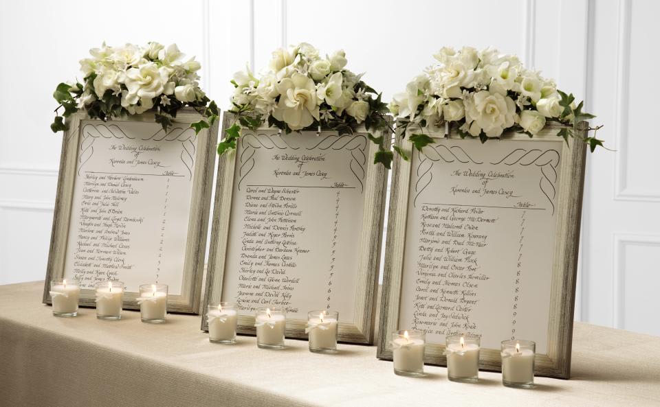 FTD Colonnade Frame Decor - The FTD Colonnade Frame DÃ©cor is a wonderful way to add a touch of  floral beauty to your table assignments or photos of the bride and  groom. White gardenia, freesia, spray roses, hyacinth and hydrangea  mingle with variegated ivy vines arranged to top a standard 8 x 10  frame. Approx. 5H x 10W. 