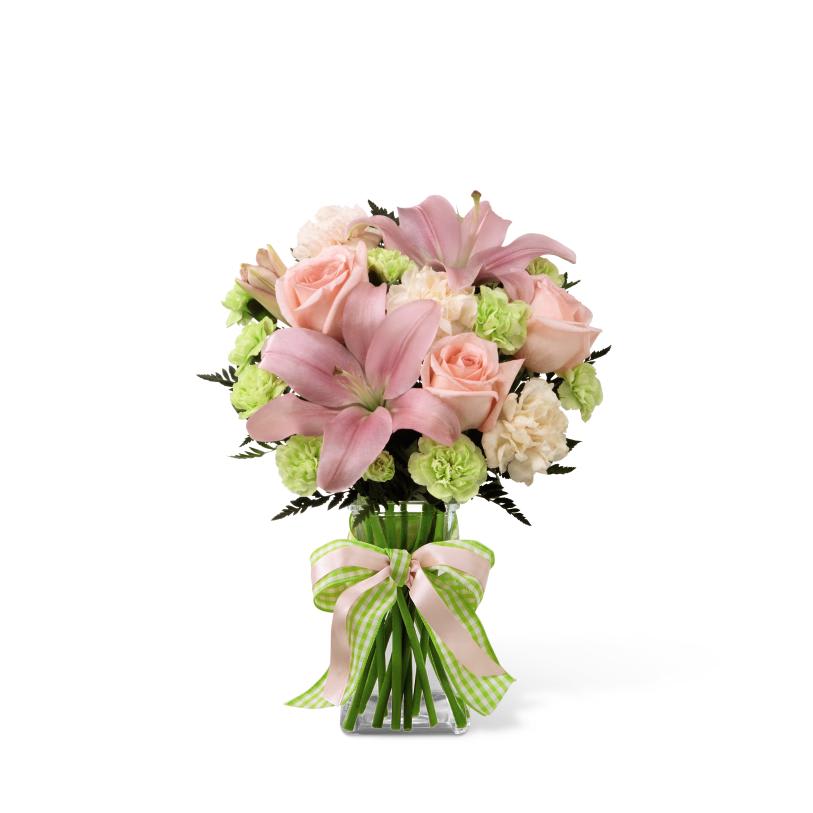 FTD Girl Power Bouquet - The FTD Girl Power Bouquet brings together roses and Asiatic lilies to  send your sweetest sentiments and offer your congratulations on the  birth of their new baby girl! Pink roses, pink Asiatic lilies, pale  peach carnations, pale green mini carnations and lush greens are  exquisitely arranged in a clear glass gathered square vase. Accented  with a pink satin ribbon, this flower bouquet creates a wonderful way to  send your warmest wishes for the adventure of parenthood ahead. GOOD  bouquet includes 10 stems. Approx. 14H x 10W. BETTER bouquet includes  16 stems. Approx. 16H x 13W. BEST bouquet includes 21 stems. Approx.  17H x 15W.  