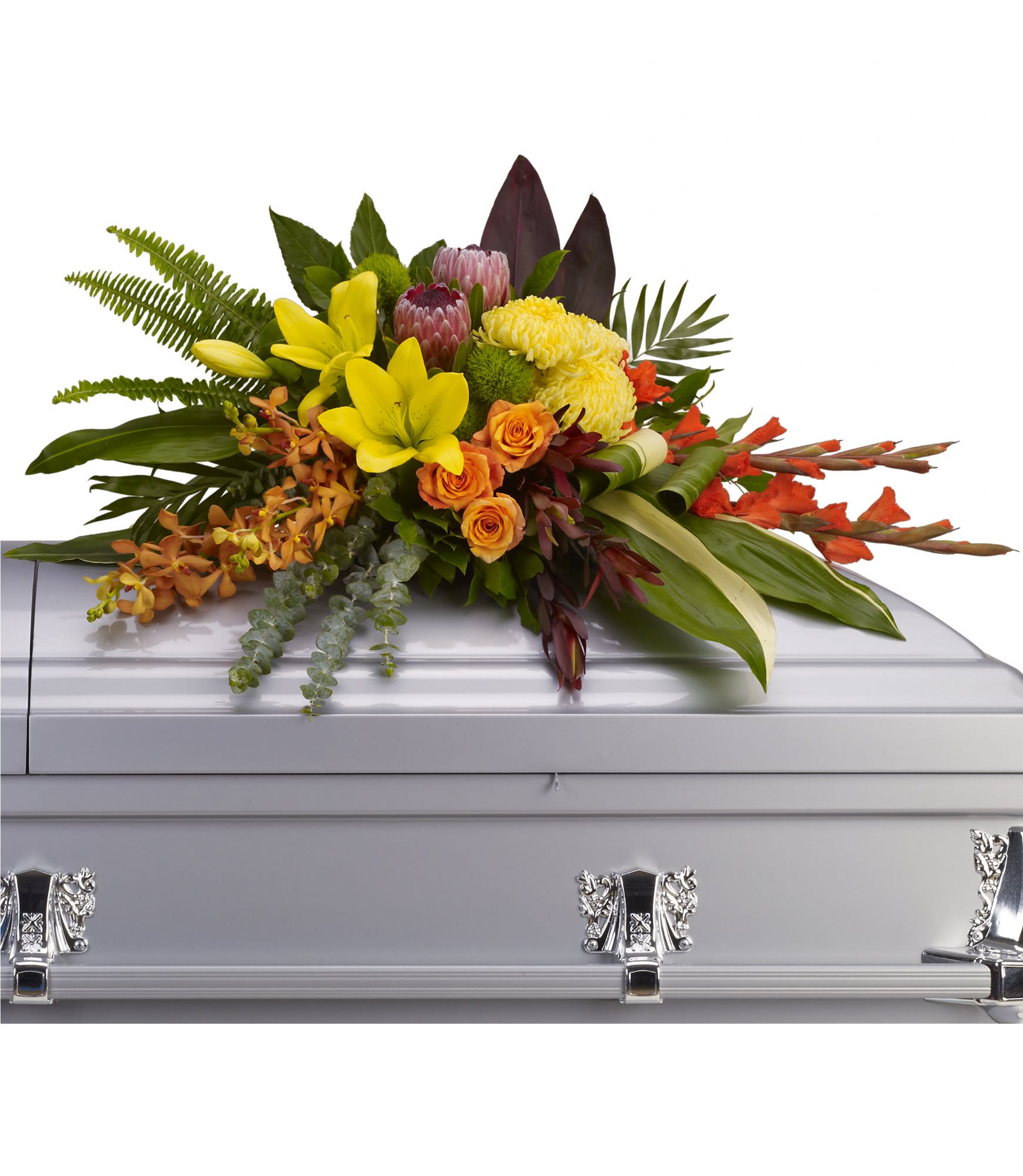 Island Memories Casket Spray by Teleflora - Graceful and fresh, this tropical-influenced spray sheds light on memories that will be forever treasured. Splashed with color and grounded with earth tones, it lends comfort and hope to any memorial.  