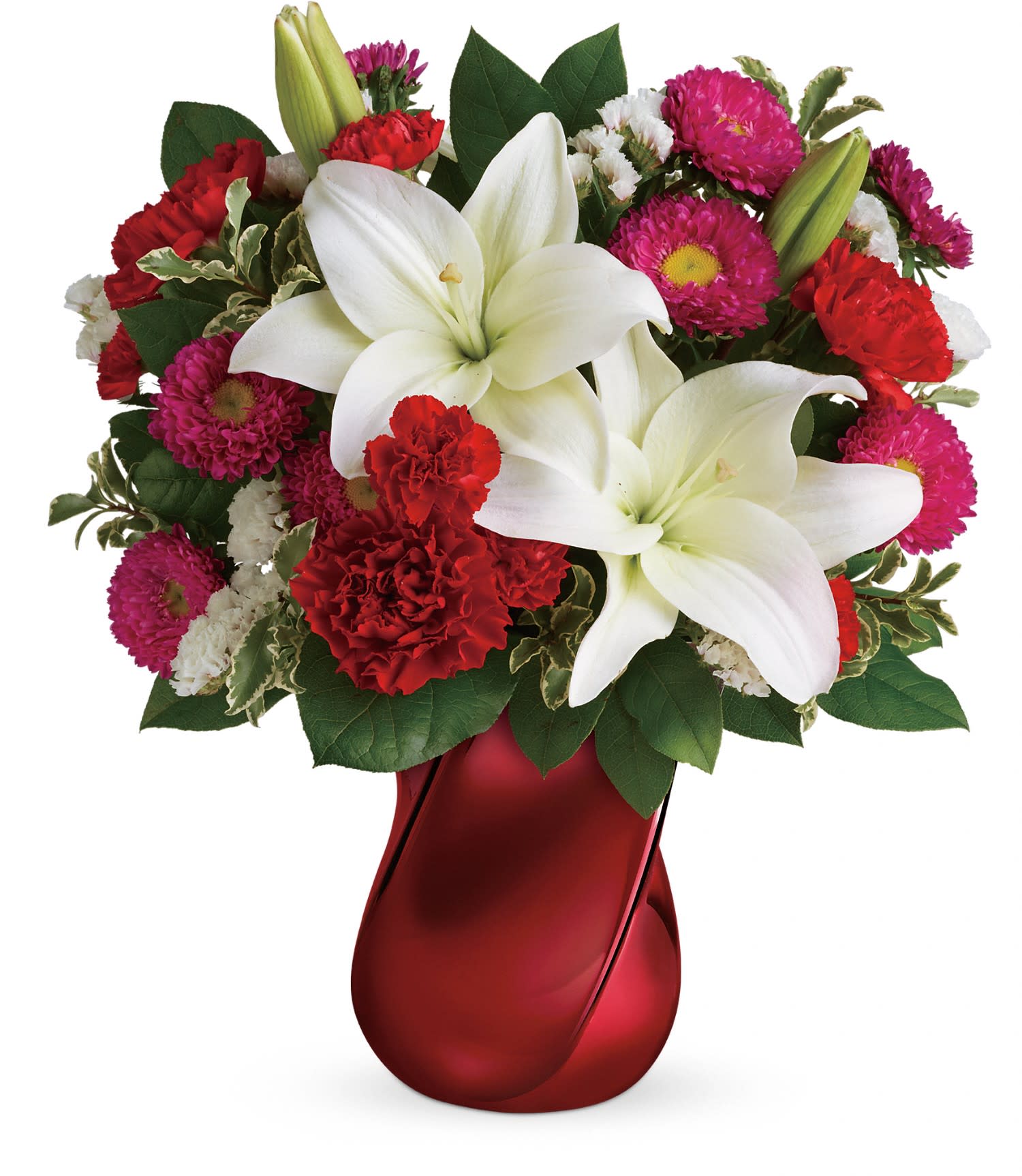 Teleflora's Always There Bouquet Teleflora's Always There Bouquet - Let them know that you'll always be there with this breathtaking red and white bouquet, hand-delivered in a unique ceramic vase with modern twisted design.