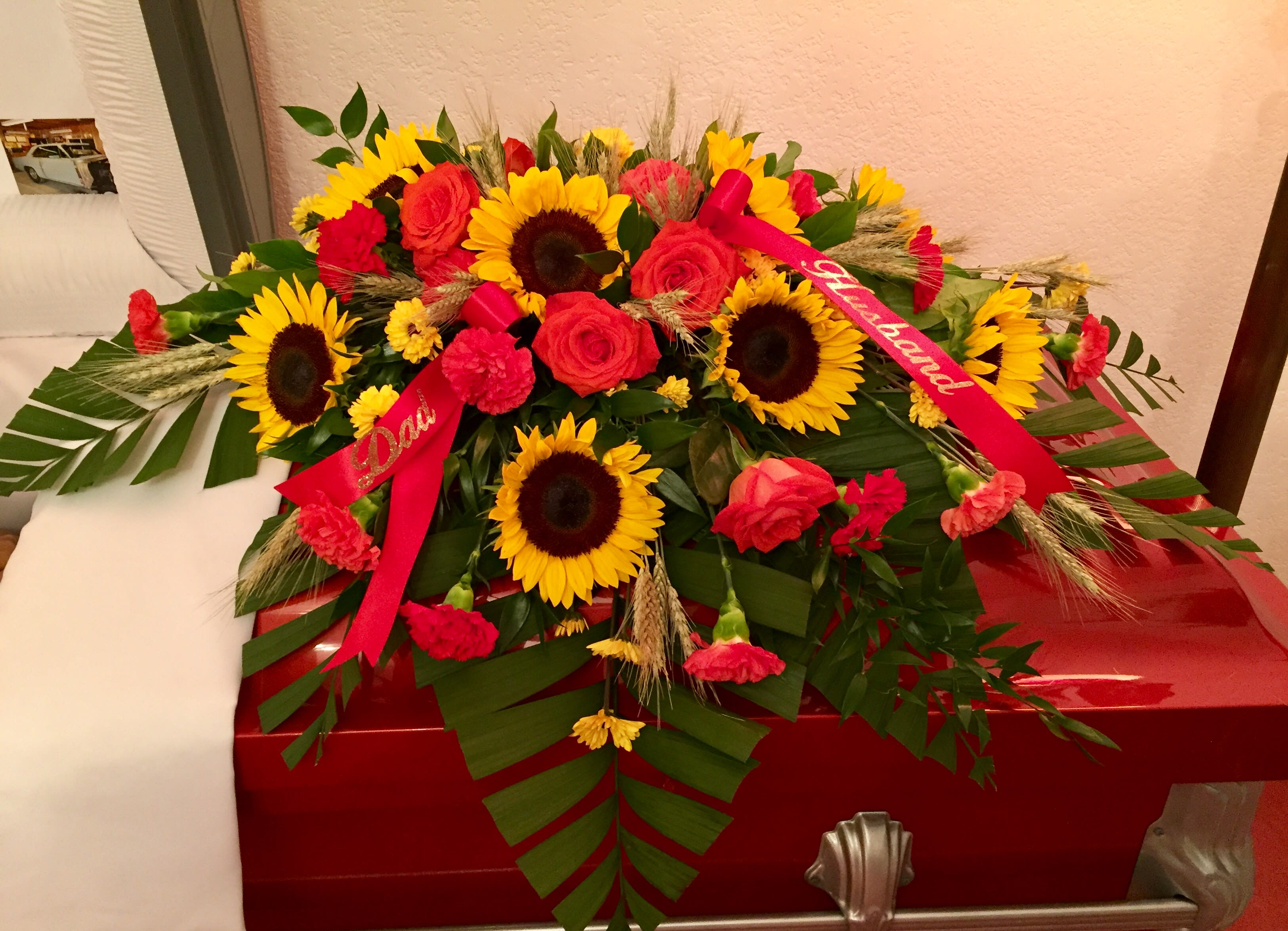 Sunflower Sunset Casket Spray In Pratt Ks The Flower Shoppe Sunflower Sunset Casket Spray In Pratt Ks The Flower Shoppe