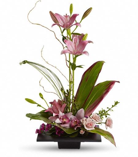 T256-1A Imagination Blooms with Cymbidium Orchids T256-1A Imagination Blooms with Cymbidium Orchids - This towering topiary of asiatic lilies, orchids and roses - artistically arranged with tropical greenery - is a unique gift that celebrates the spirit of creativity. Pink asiatic lilies rise up from a square design block holding a mix of cymbidium orchids, spray roses and accent blooms and greenery. Approximately 18" W x 27" H