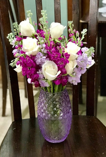 sweet devotion  - lavender and purple stock with white roses