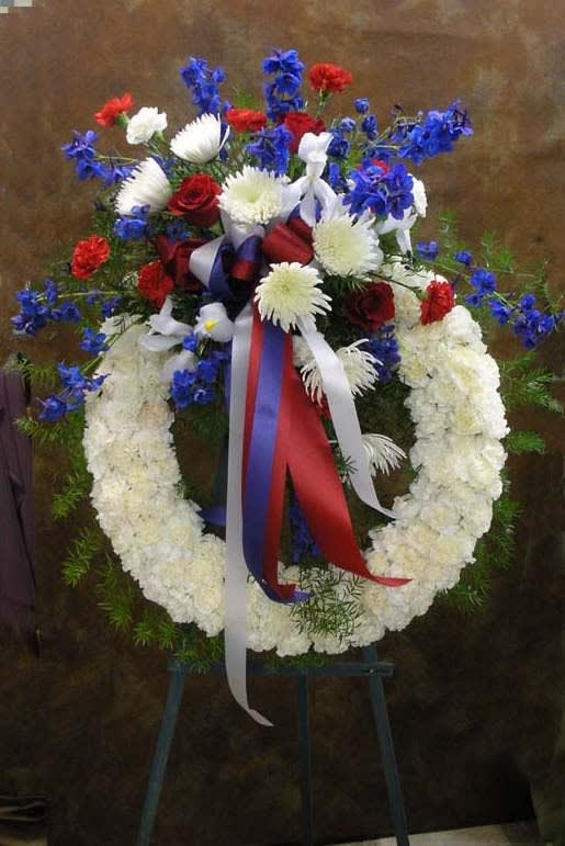 26&quot; Dia Patriotic Wreath (SY-4) - Roses, Spider Mums, Carnations, Belladonnas &amp; Irises with red, white &amp; blue ribbons.