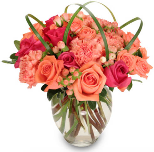 CF2213 - Amazing Grace  Send your warmest wishes with this floral masterpiece featuring a graceful assortment of Pittosporum, Lily Grass, Hot Pink Roses, Peach Roses, Peach Spray Roses, Bicolored Peach Carnations, and Peach Hypericum artfully arranged in a petite glass vase.   Copyrighted content provided by FlowerShopNetwork.com Proud Member of Flower Shop Network
