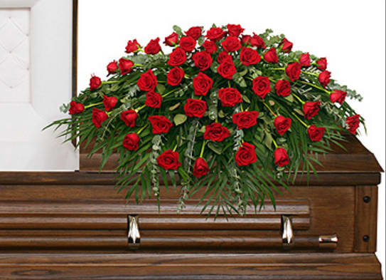 CF2151 - Majestic Red Casket Spray The Majestic Red Casket Spray features a lush assortment of Eucalyptus, Leather Leaf, Teepee, and Red Roses.   Copyrighted content provided by FlowerShopNetwork.com Proud Member of Flower Shop Network
