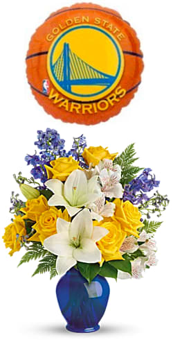 Golden State Warriors Bouquet - This invigorating mix of yellow roses, white lilies and blue delphinium captures the spirit and shades of the shoreline. Hand-delivered in a bold blue ginger jar, it's a delightful gift any time of year! Surprise your favorite basketball fanatic with this brilliant bouquet paired with an 18&quot; Golden State Warriors balloon.  Product Code: TEV47-1C