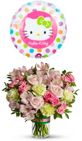 Hello Kitty Delight  - With a classic, feminine style, this cheerful arrangement of luxurious roses, delicate alstroemeria and dense carnations brightens everyone's day. Trimmed in pretty satin ribbon and adorned with an official 18&quot; Hello Kitty balloon for an extra special touch! Product Details: Pale shades of pink and lime are sure to delight in this large, cheerful bouquet of roses, alstromeria and carnations. Presented in a glass vase trimmed with pink and green satin ribbon.  Product Code: T11R500B
