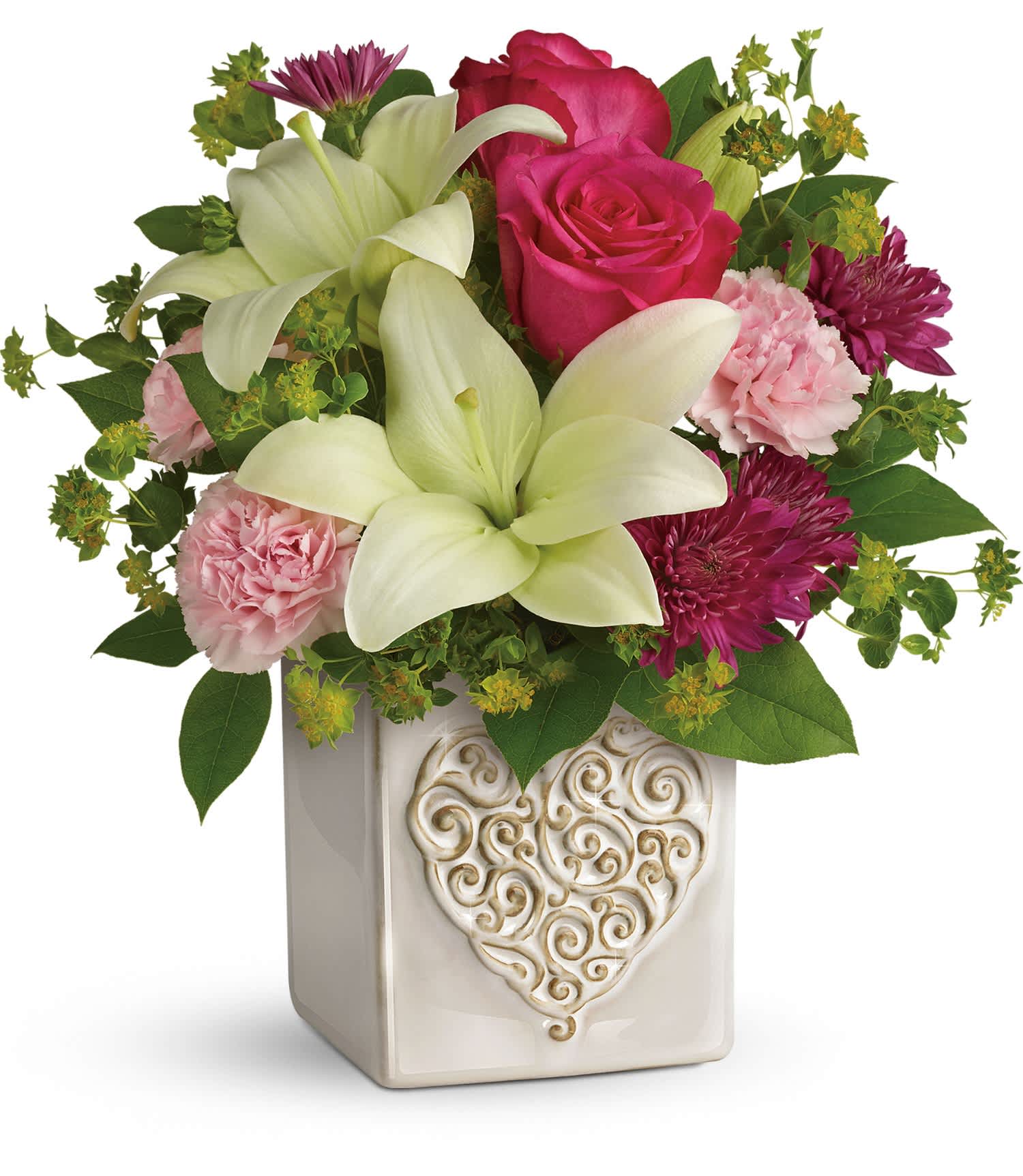 Teleflora's Love To Love You Bouquet - This romantic mix features dark pink roses, white asiatic lilies, light pink carnations, purple cushion spray chrysanthemums, bupleurum and lemon leaf. Delivered in a Swirling Heart cube. Approximately 12 1/2" W x 12" H