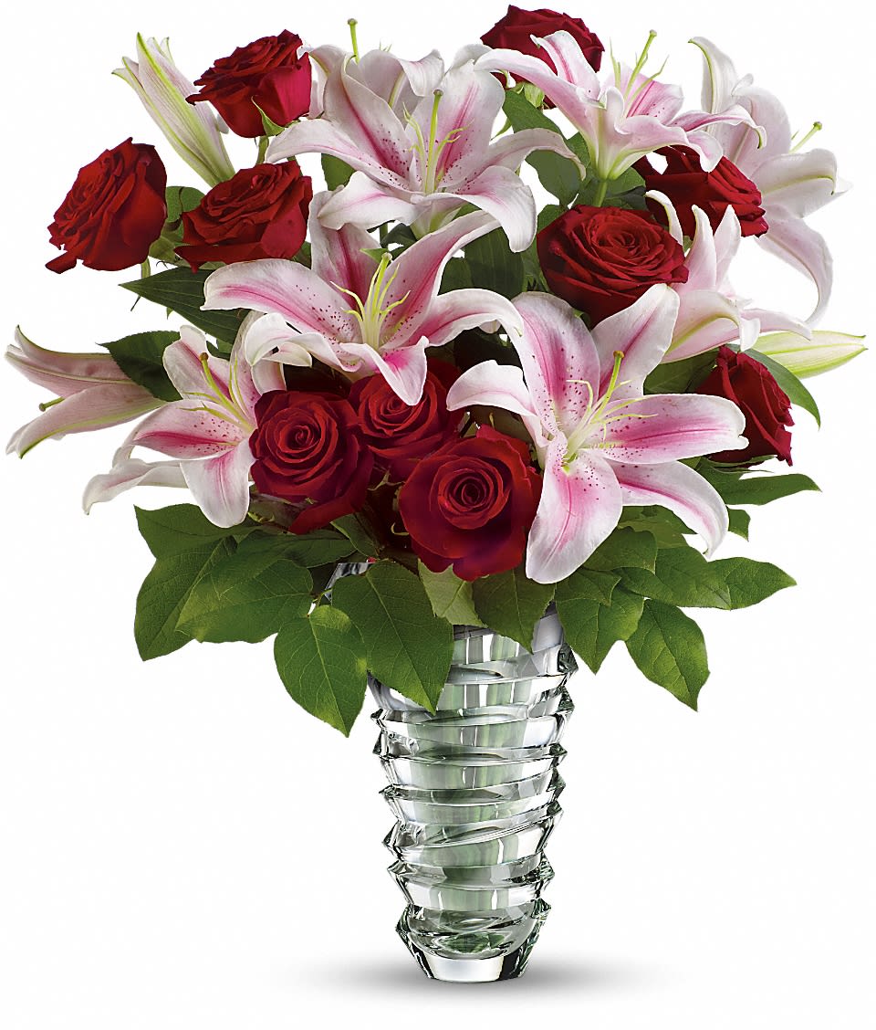 Red Roses and Lily - This bouquet of roses and lily was made for a very special moments, it`s best way to congratulate with anniversary or just create a special atmosphere at any event. Same day delivery