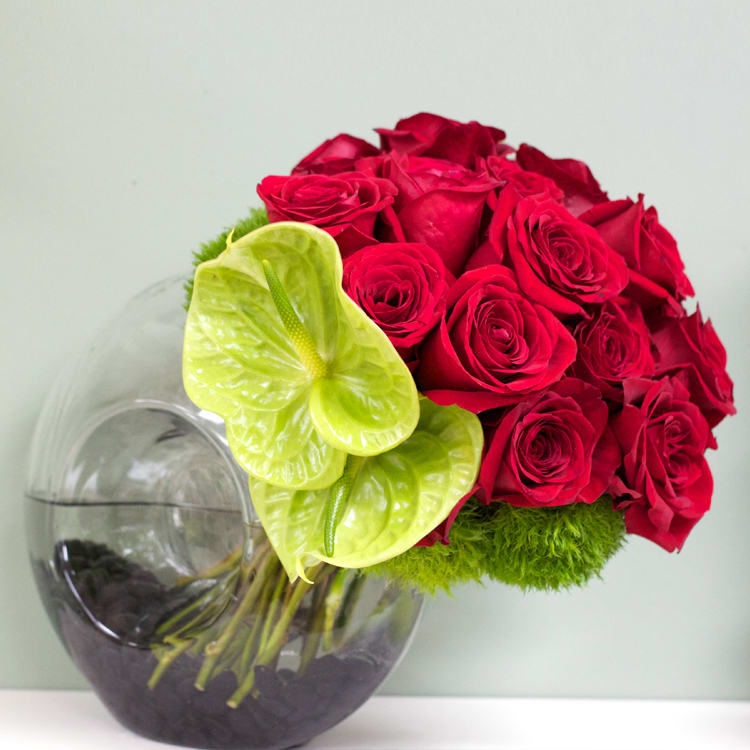 One Dozen red roses in a Vase - One Dozen red roses in a shell Vase