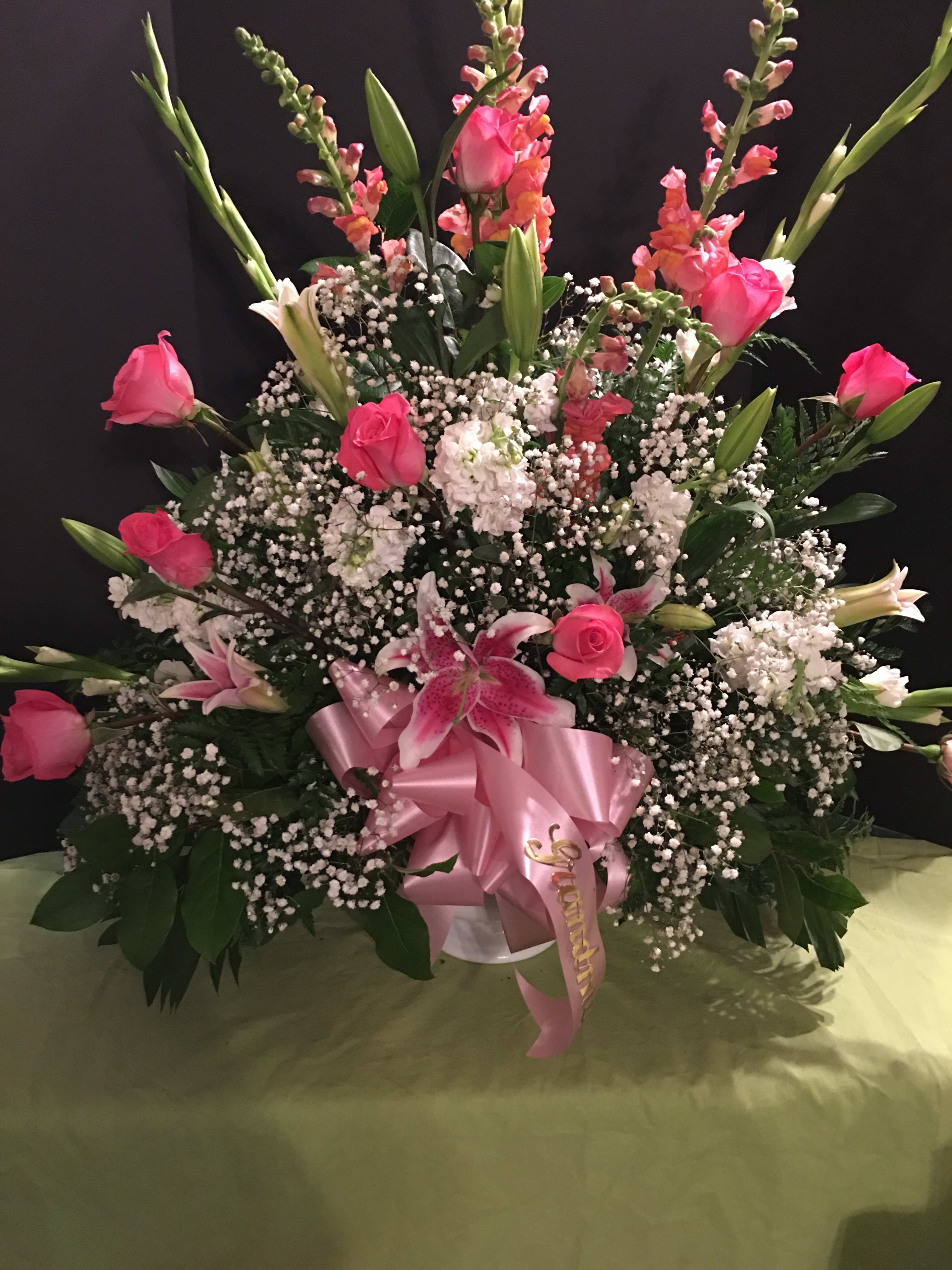 Sincere Sympathy Spray Sincere Sympathy Spray - White Glads, White Snaps, Baby's Breath, Pink Roses and Lillies.