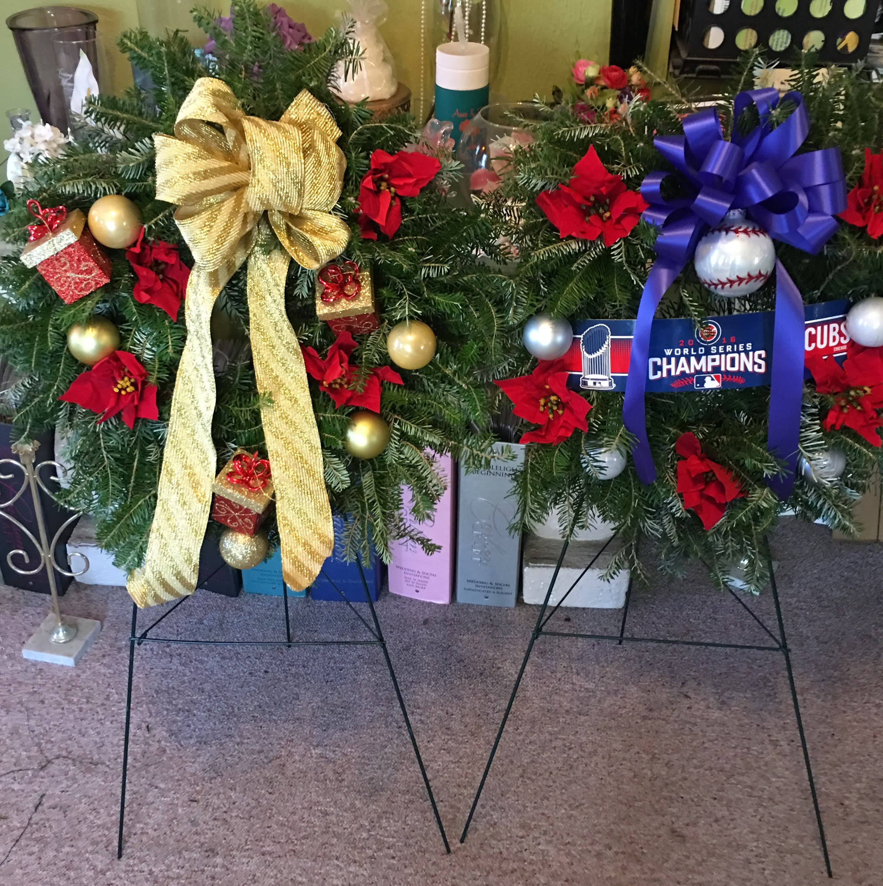 Custom Cemetary Wreath Custom Cemetary Wreath - Fresh evergreen, Baseball, football, themed wreath with stand. Coordinating colors