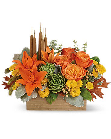 Fall Bamboo Garden - Enjoy the serenity of the season with a fresh fall centerpiece that is as beautiful as it is soothing. This lush arrangement enchants in shades of peach, orange and green - combining roses, lilies and even two succulent plants! Hand-delivered in a natural-toned bamboo rectangle.  This gorgeous centerpiece arrangement features orange roses, orange asiatic lilies, yellow cushion spray chrysanthemums, peach hypericum, millet, cattails and two succulent plants, and finished with dusty miller, spiral eucalyptus and lemon leaf Orientation: One-Sided