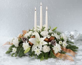 Triple tapered candle xmas centerpiece - 3 white tapered candles, all white xmas centerpiece 