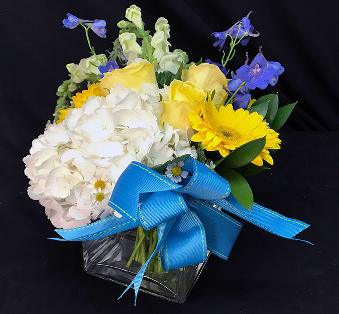 Snips ''n'' Snails A241 - Snips ''n'' Snails and Puppy Dog Tails, that''s what little boys are made of. This beautiful mix of fresh seasonal designer chosen florals is artfully arranged into a ribbon wrapped glass cube. Creamy sherbert tones, along with a crisp blue ribbon will welcome baby boy to your family!