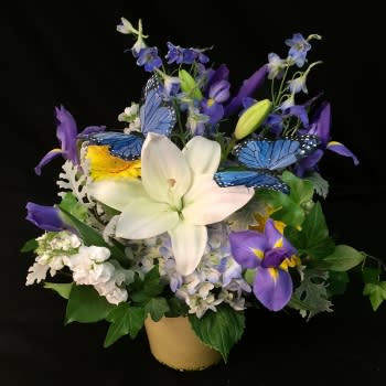 Flutter By - Boy A251 - Perfect for the birth of a little boy, or girl that likes blue! Butterflies and seasonal flowers are artfully arranged in a ceramic container.