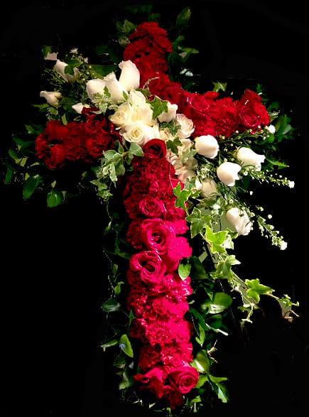 Sacred Remembrance SYM-01 - This beautiful cross of roses, carnations, ivy and other filler is presented on a wire stand for use at the memorial site, cemetery or any location where a statement of love and respect is required. Approx Size: 22&quot; x 18&quot; 