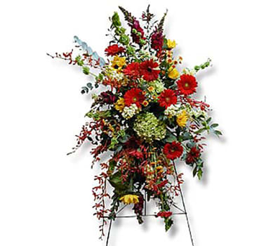 Bold Setting AF7 - Bold, bright, seasonal flowers, perfect for a side setting for a funeral service.