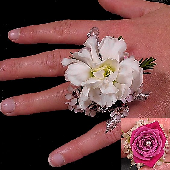 Floral Ring ACW10 - Prefer not to wear your special flowers on your dress or wrist? This is the perfect solution for someone who wants just a &quot;little something special&quot; for their special evening. This floral ring is centered with your choice of &quot;stock&quot; flower or a small open rose along with other greens and elements. Specify white, cream or pink stock or preferred color of rose in comments section of this order form. All Boutonnieres and Corsages should be ordered a minimum of 3 - 5 days prior to your event. For needs sooner than that please call the store at 858-454-0146 to ensure availability.