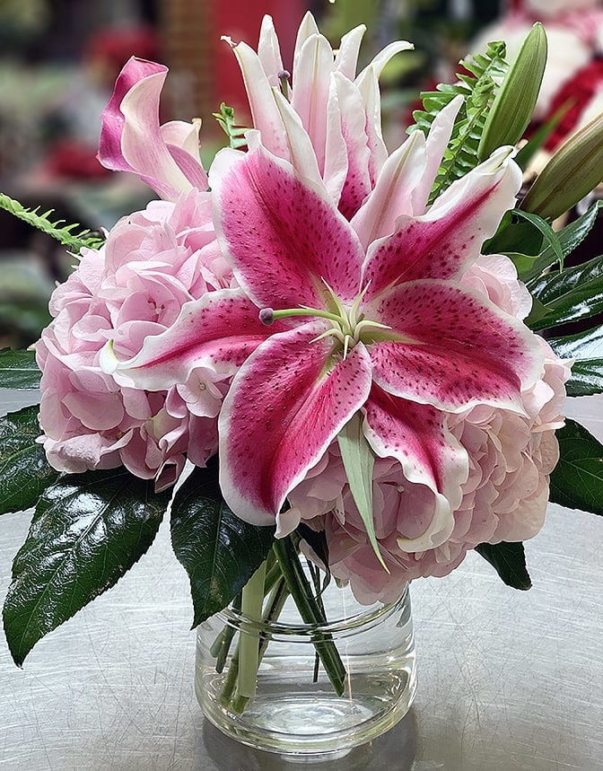 Young Love ADVD8 - This arrangement of a stargazer lily, hydrangea, and mini calla lilies has a fresh from the garden look - all artfully arranged in a premium clear glass vase.Approx Size: 15&quot; x 15&quot;